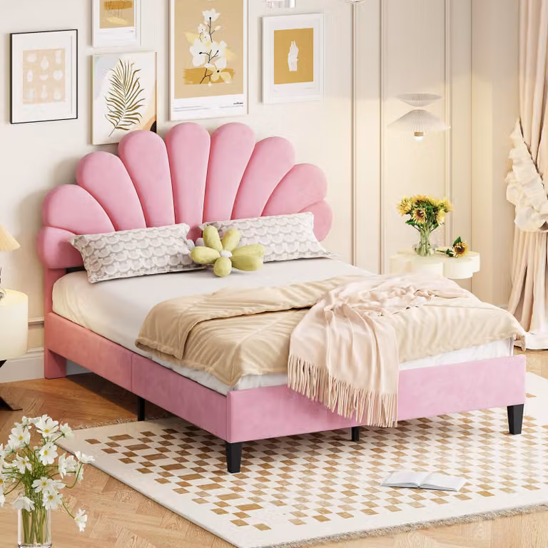 Letto imbottito letto matrimoniale 140 x 200 cm, struttura letto con testata a forma di fiore e rete a doghe, letto per ospiti rosa