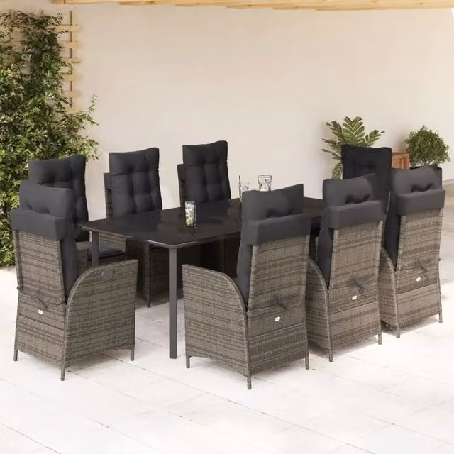 Set da Pranzo da Giardino Moderno vidaXL in Polyrattan Grigio e Nero con Tavolo in Vetro, 9 Pezzi