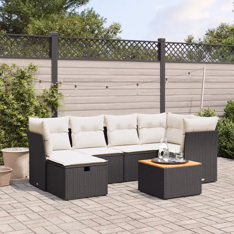 vidaXL Set Divano da Giardino a L con Cuscini 7pz Nero e Bianco con Tavolino e Pouf in Polyrattan e Acciaio