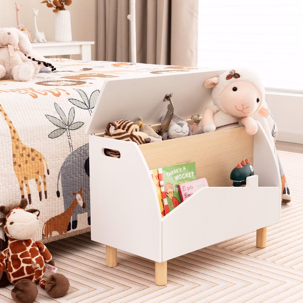 Costway Scatola dei giocattoli in legno con ripiano espositivo e libreria per bambini, Bianco