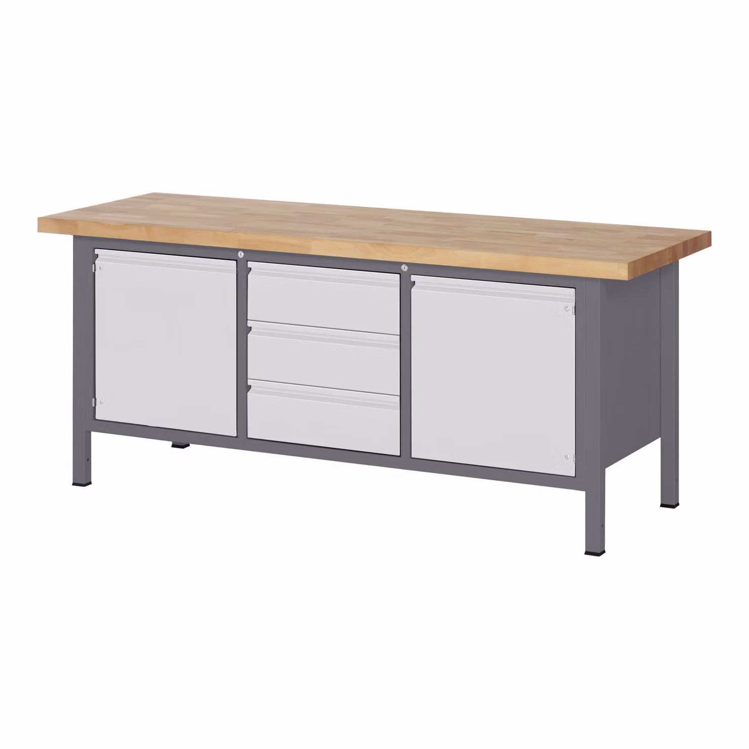 STIER Banco da lavoro regolabile in altezza Premium, 3 cassetti e 2 ante, 200x70x84-104 cm, acciaio e faggio