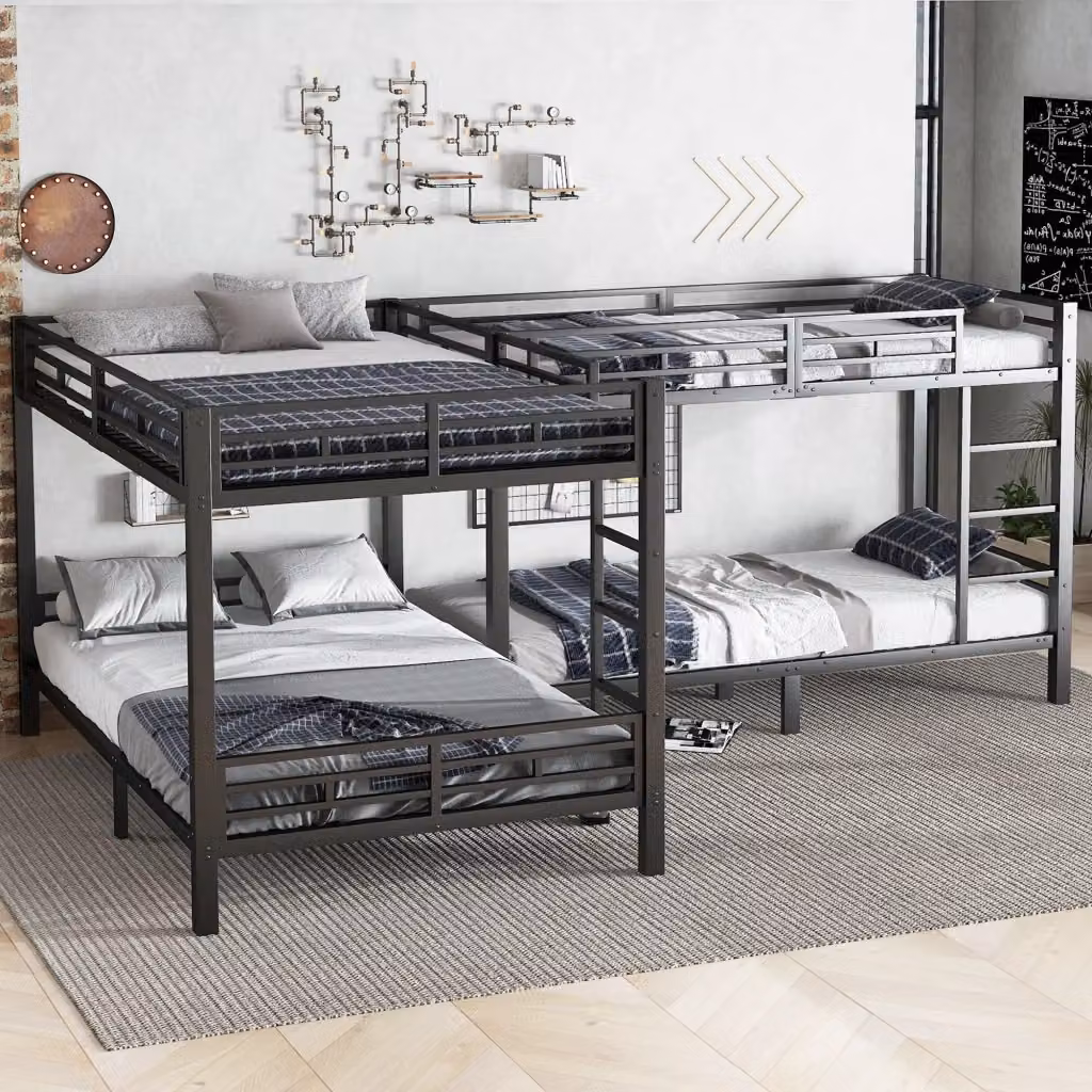 Letto a castello Mivray in metallo nero con scala a tre gradini e rete a doghe, dimensioni: 90 x 200 cm e 140 x 200 cm, H 349 cm – 2
