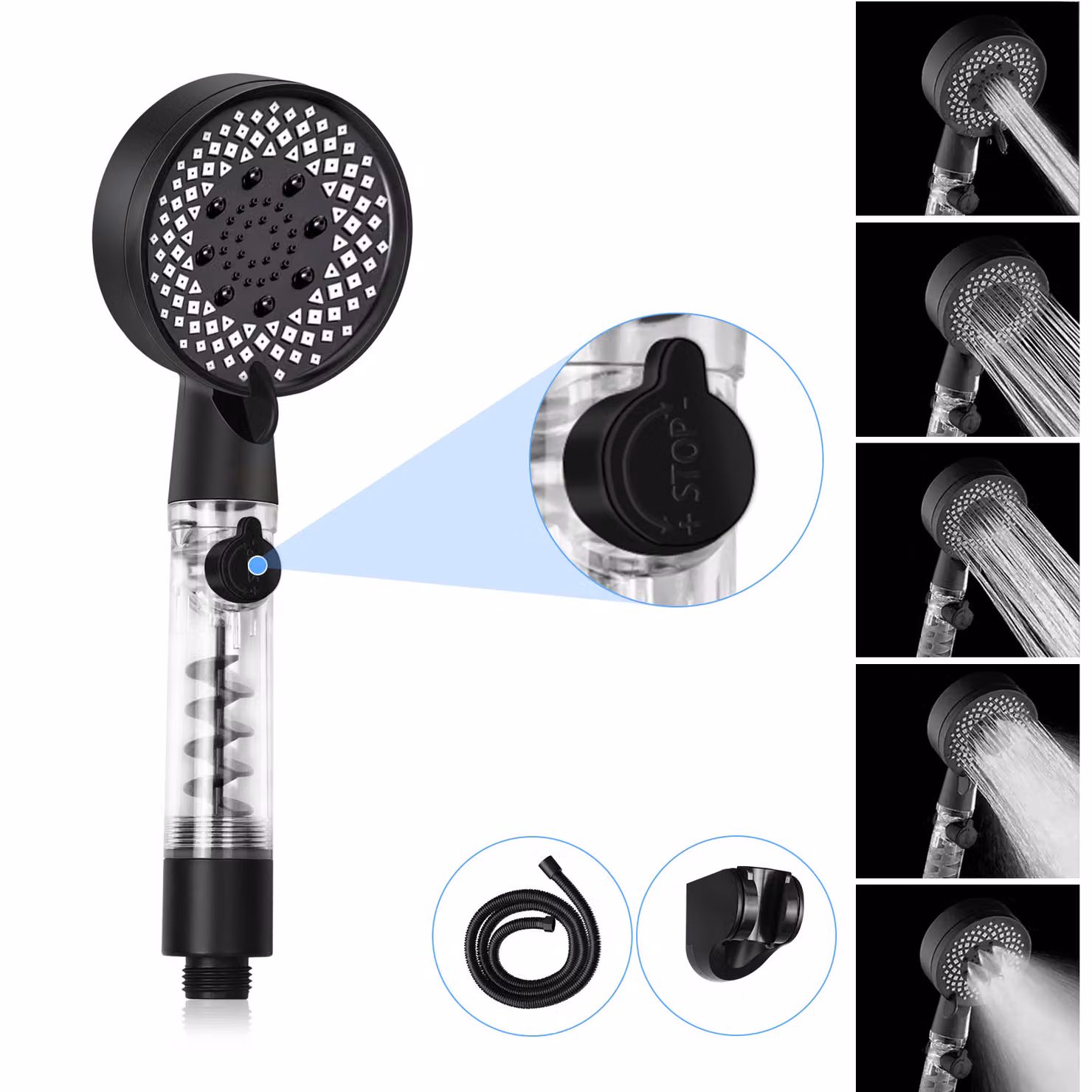 ZMH Soffione doccia nero con tubo flessibile da 1,5 m risparmio d'acqua 3 getti doccetta grande pressione aumento di efficienza energetica soffione doccia titolare