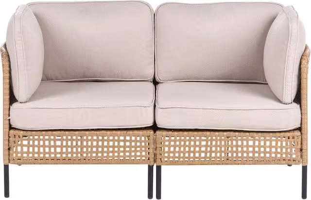 Divano da esterno in rattan PE beige chiaro a 2 posti con struttura in metallo cuscini per seduta e schienale stile moderno giardino terrazza