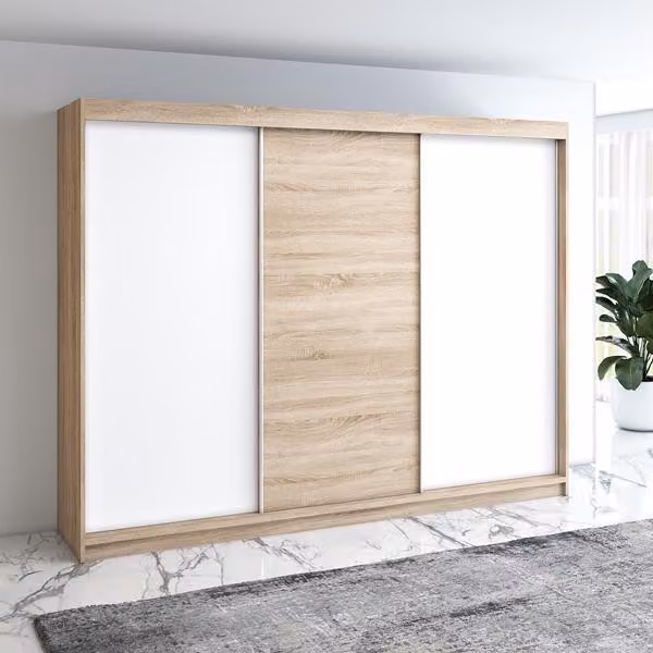 Armadio a porte scorrevoli MERO a 3 ante, 200 cm, con cassetto (Bianco, Nero, Sonoma)