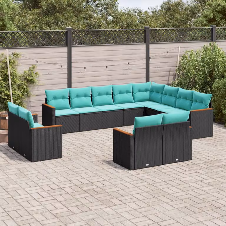 Set di divani da giardino vidaXL 12 pezzi a forma di U in rattan con cuscini colorati e struttura in metallo nero