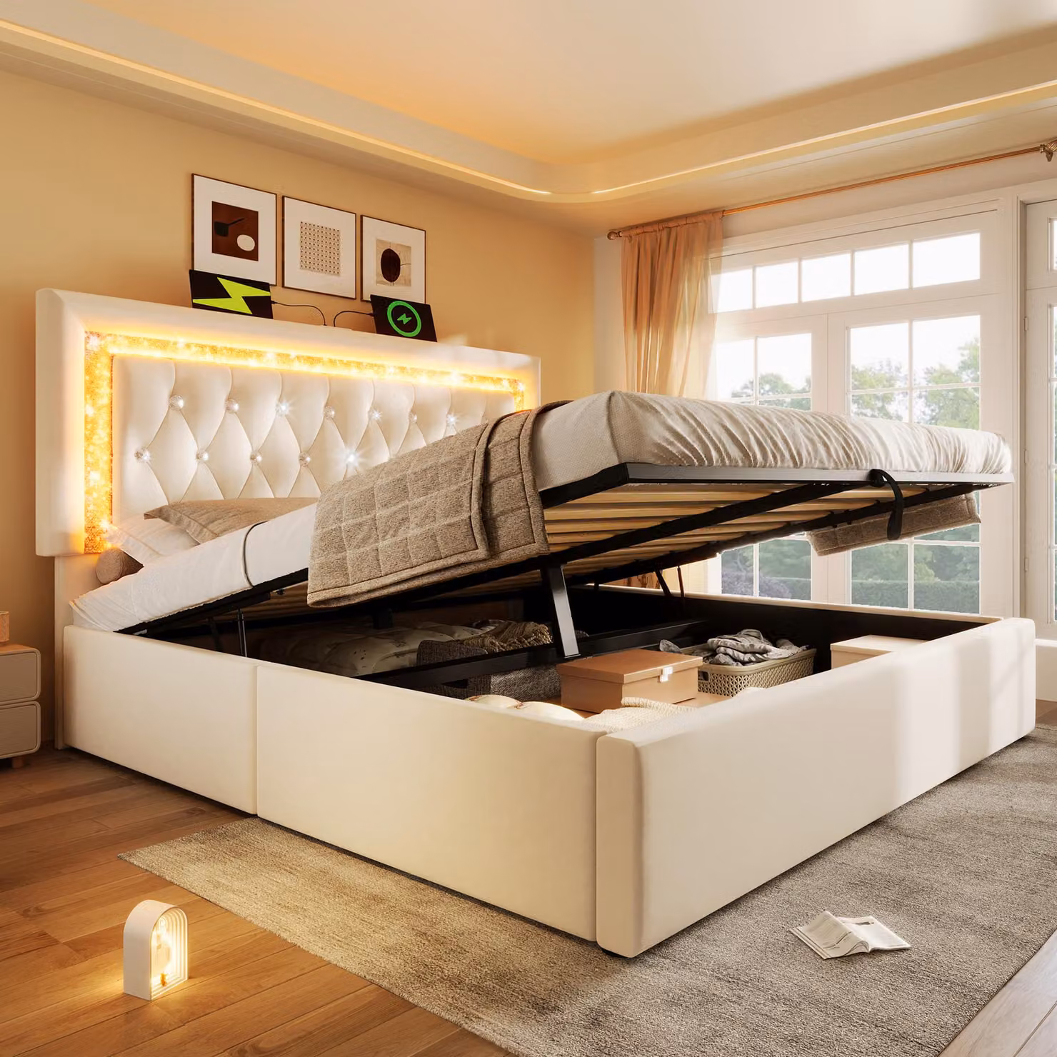 Letto imbottito Flieks 160x200cm con USB e Type C, letto idraulico con contenitore, letto matrimoniale per giovani con LED, letto contenitore in velluto, beige