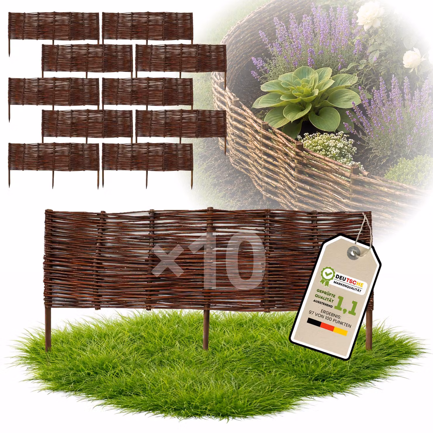 Floranica 10 pezzi Recinzione in vimini 20 cm x 100 cm – Staccionata da giardino intrecciata Palizzata Recinzione naturale Bordo aiuola