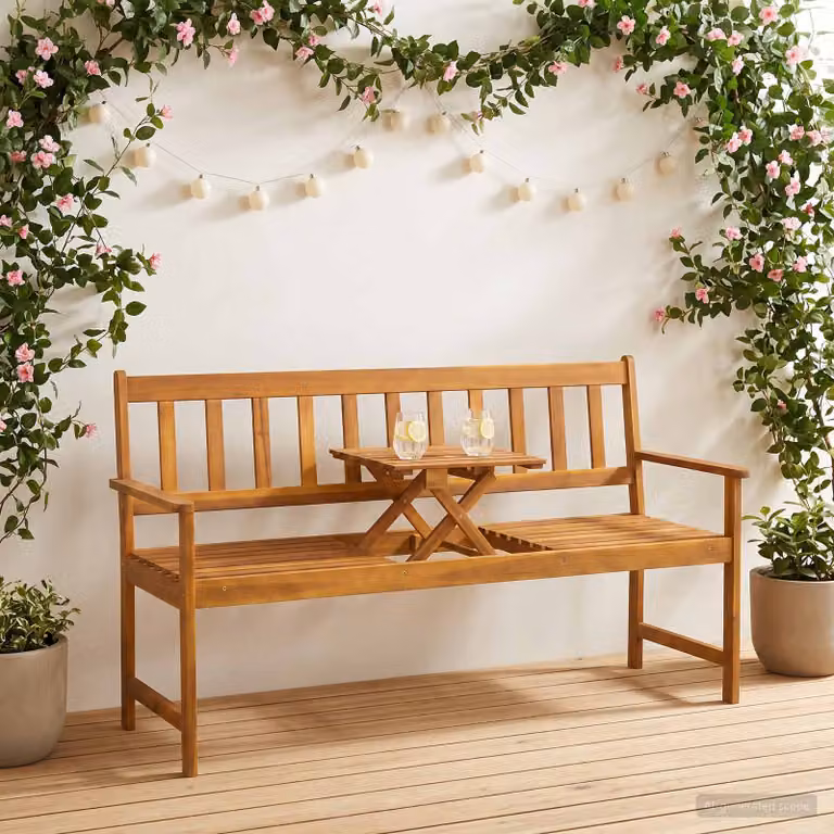 Panca da giardino vidaXL in legno di acacia massello marrone con braccioli L/P/H: 158 x 55 x 89 cm