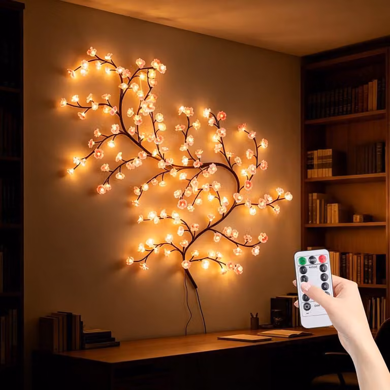Catena luminosa a LED a forma di fiori di ciliegio, 180 cm, 96 LED, 8 modalità, luce bianco caldo