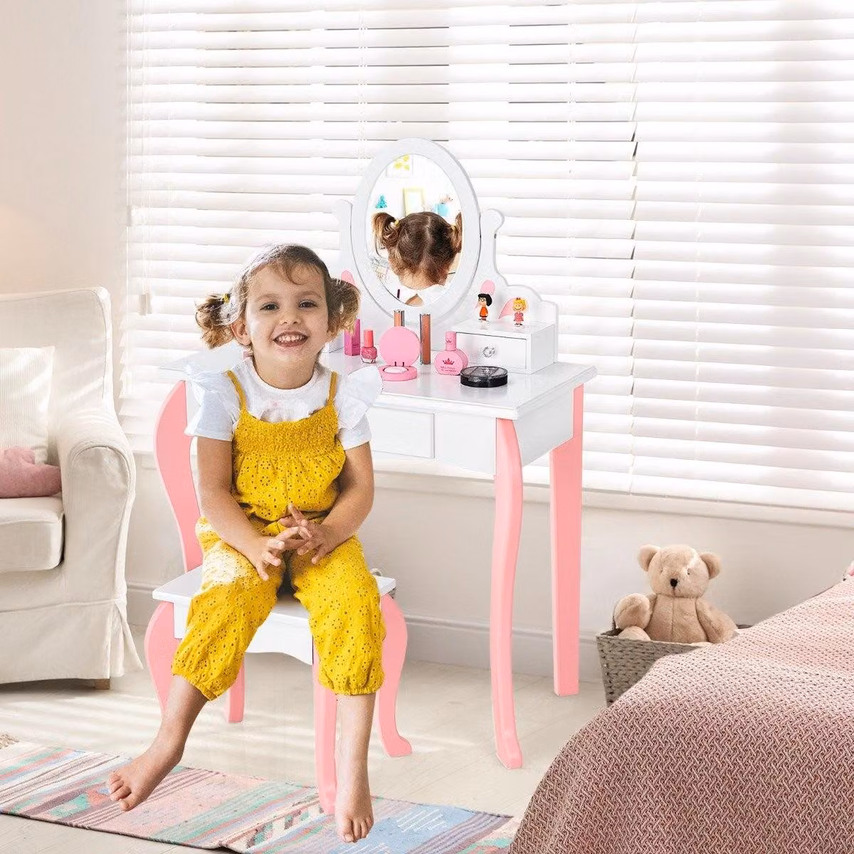 Toilette per bambini con sgabello Toilette Princess con 3 cassetti e specchio bianco