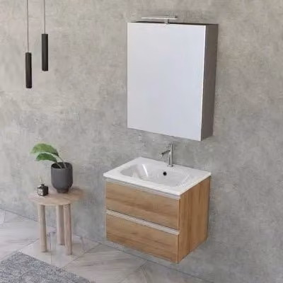 Mobile bagno sospeso Master con lavabo e specchio contenitore con illuminazione LED, colore bianco e marrone, L: 60 cm, P: 45 cm, H: 50 cm