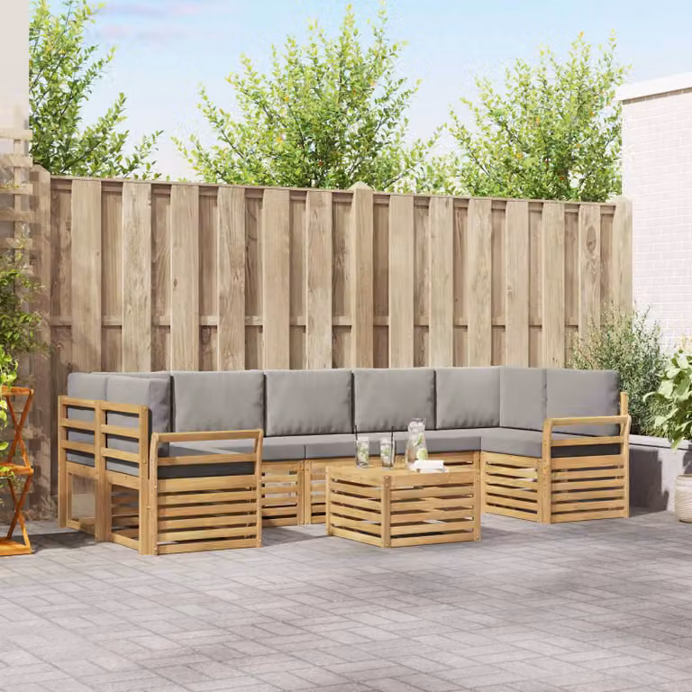 Set di divani da esterno vidaXL a forma di L con tavolo da caffè, 8 pezzi, in legno di acacia e tessuto resistente ai raggi UV, Bianco e Grigio