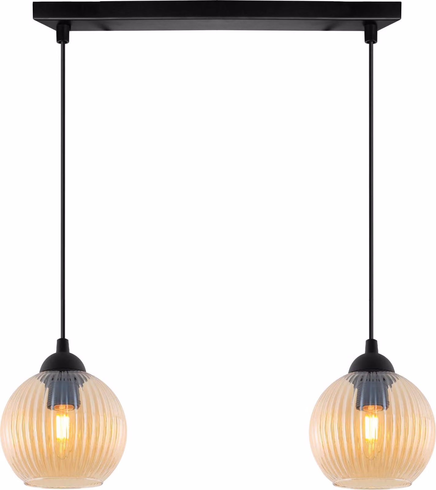 Lampada a sospensione RIFFLE nera a 2 luci, sfera in vetro color ambra, attacco E27