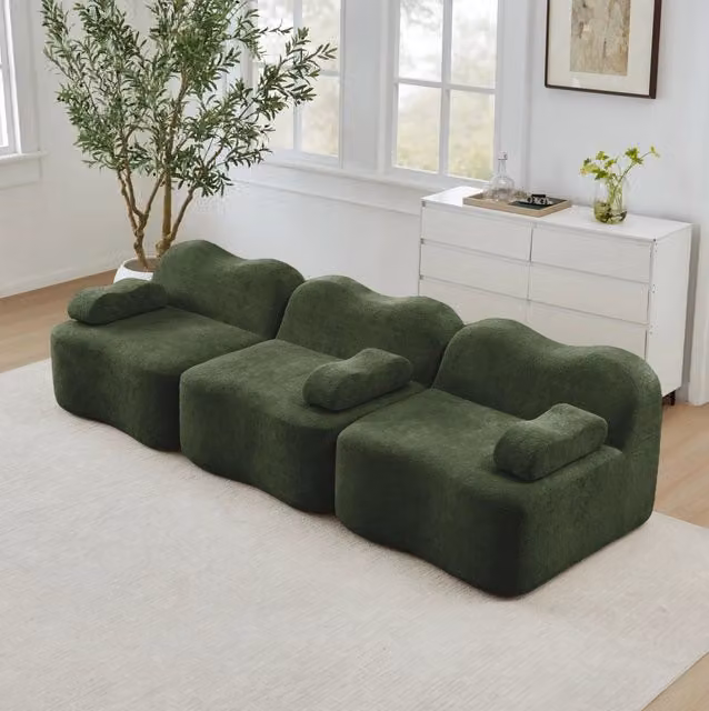 Divano modulare senza telaio 288x98x70 cm in velluto verde; seduta profonda