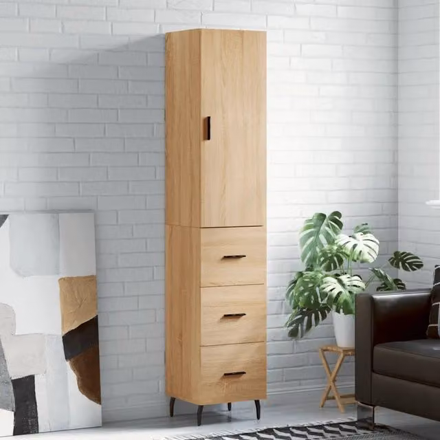 Credenza moderna vidaXL in legno e metallo color rovere, con ante a battente e ripiani interni, L/P/H: 34,5 x 34 x 180 cm