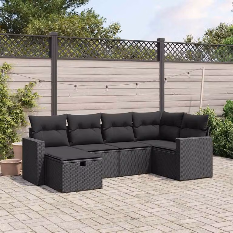Set Divano da Giardino vidaXL 6 pz a L con Cuscini Nero in Polyrattan e Acciaio