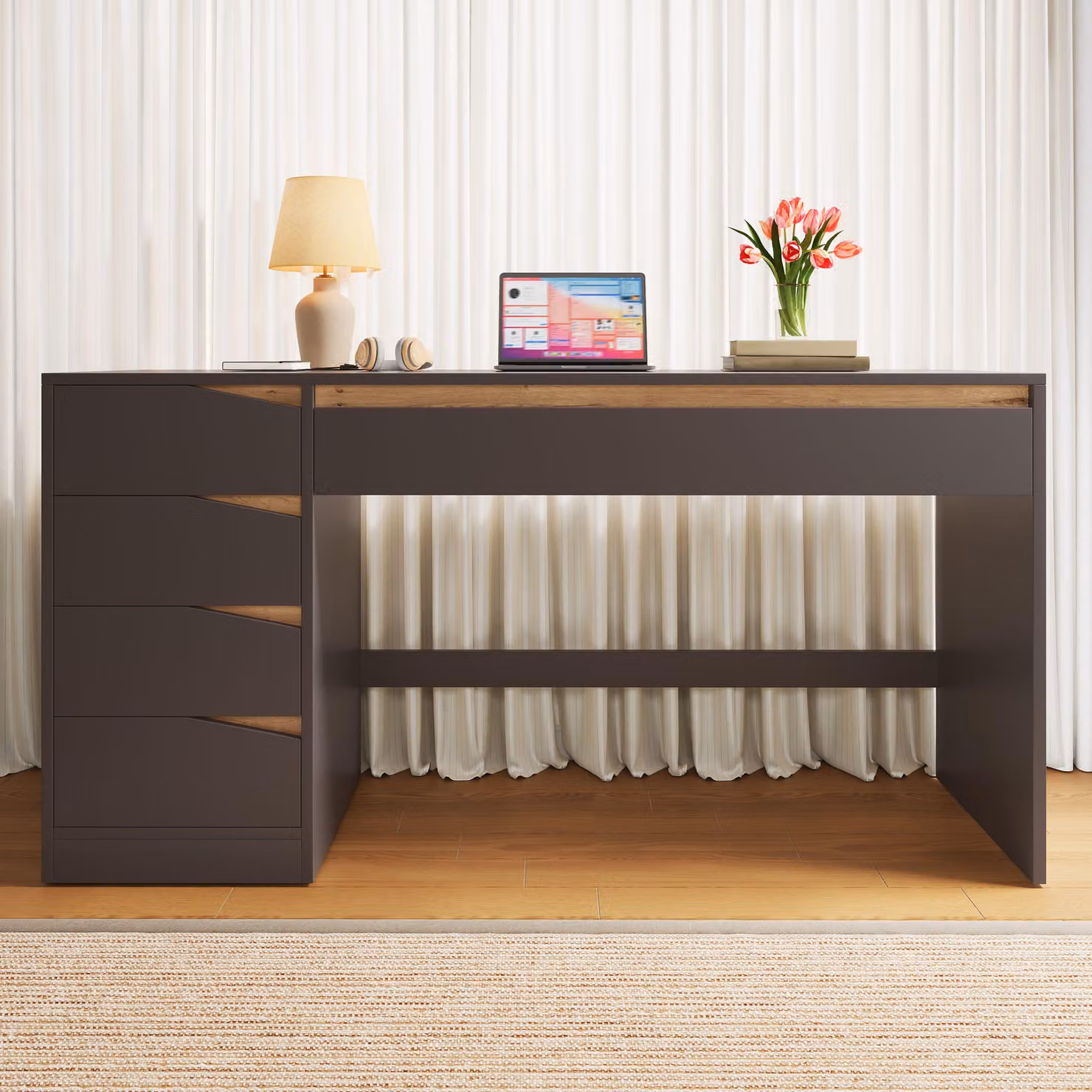 Scrivania Merax con 5 cassetti, moderna scrivania per computer con spazio contenitivo, grande scrivania da ufficio e tavolo da trucco per l'ufficio domestico, la camera da letto, colore nero