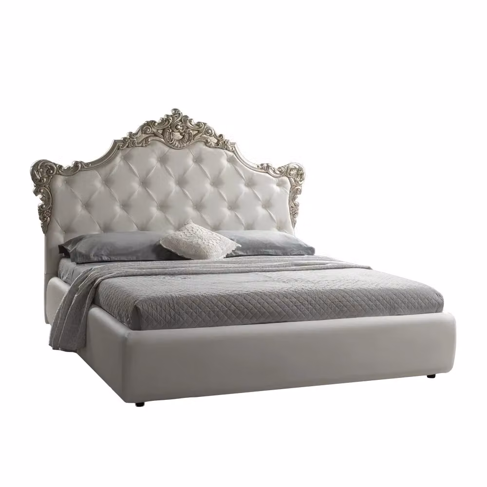 Letto matrimoniale Savoia imbottito con contenitore in ecopelle bianco e argento L/P/H: 160 x 200 x 140 cm – 2