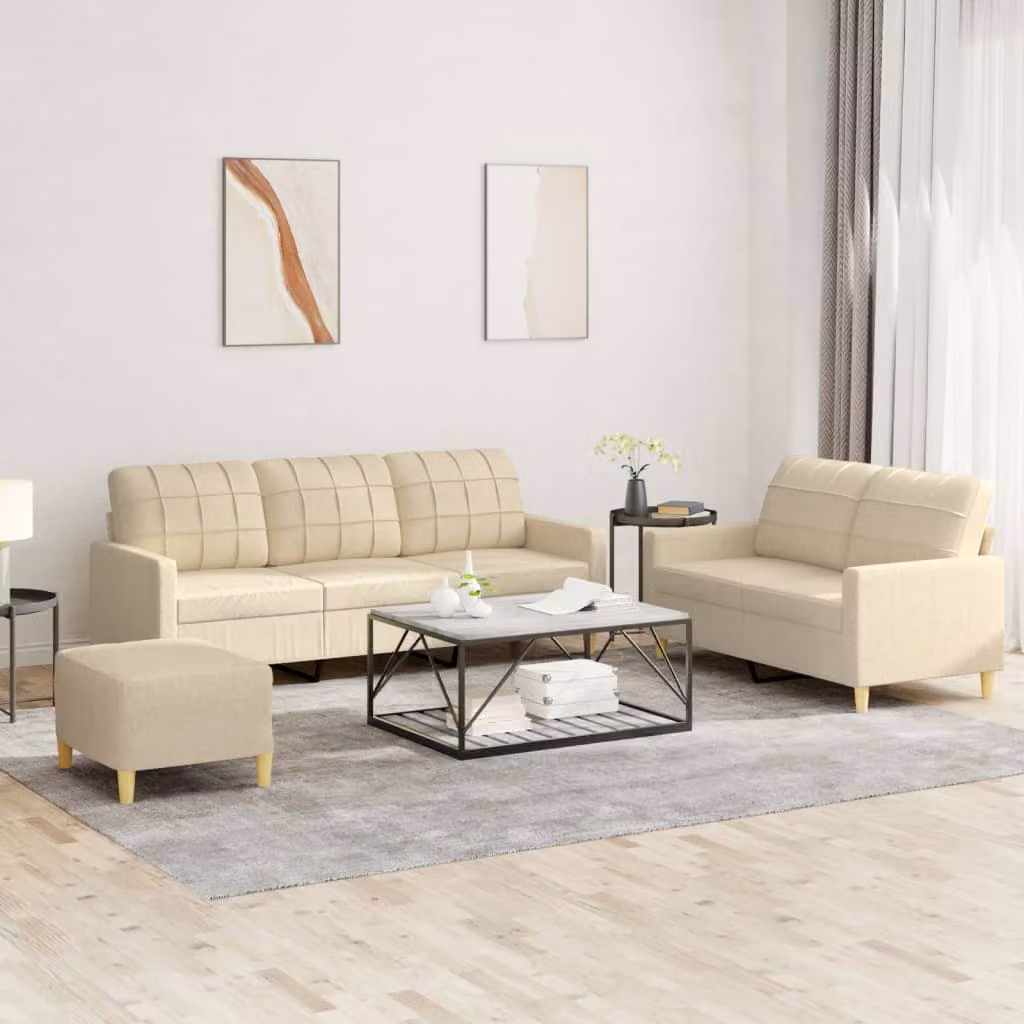 vidaXL Set di Divani Moderno 3 Pezzi con Pouf e Cuscini in Tessuto Beige