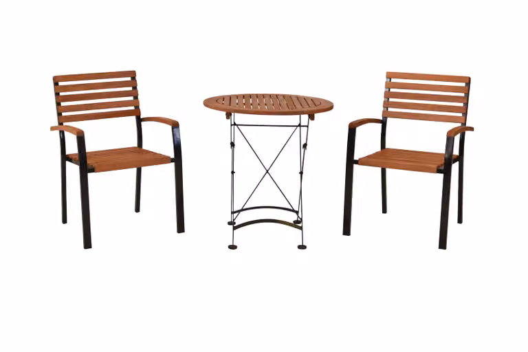 Set di mobili da giardino Merxx Schlossgarten 3 pezzi, 2 poltrone impilabili, tavolo pieghevole Ø 70 cm - acciaio piatto con eucalipto