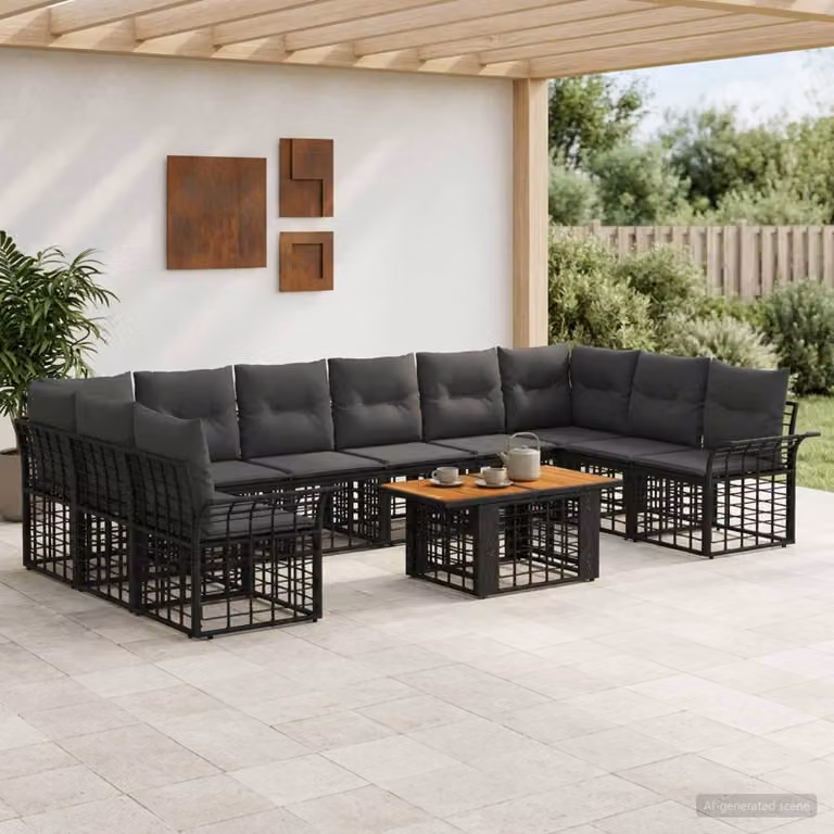 Set Divano da Giardino vidaXL 11 Pezzi in Polyrattan con Cuscini, Colore Nero e Grigio scuro