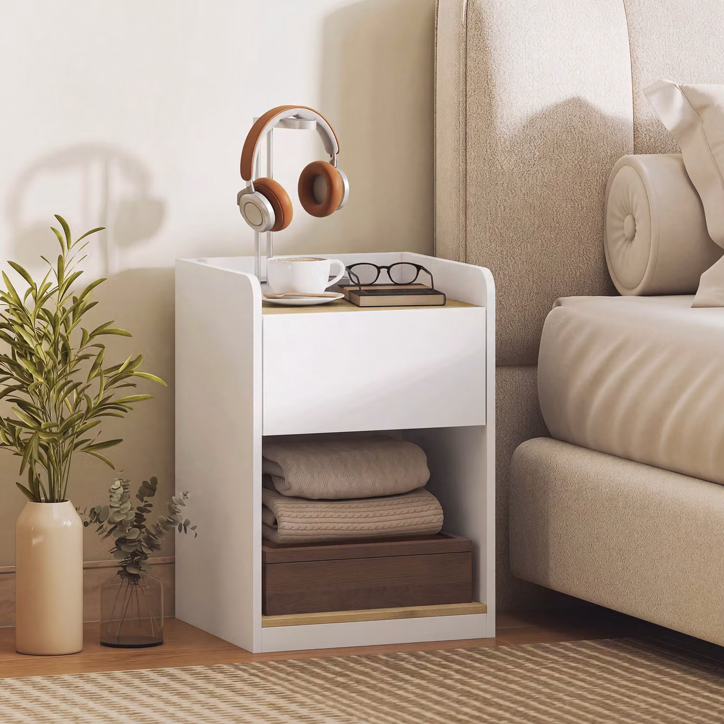 Comodino Moderno HOMCOM con Cassetto, Nicchia e Passacavi, Bianco Rovere, L 42 cm x P 37 cm x H 55 cm – 2