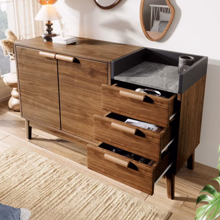 Cassettiera Flieks Mobile da soggiorno con cassetti e vano a giorno, credenza Credenza con anta e ripiani regolabili, Rovere