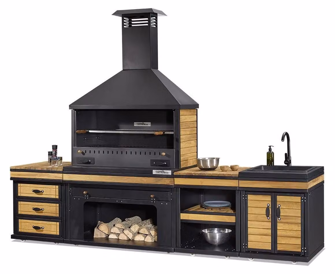 Außenküche in Schwarz und Braun aus Holz und Edelstahl elegant