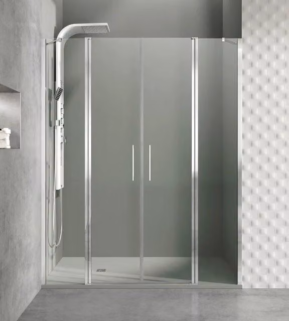 Box doccia rettangolare DUCHA OPEN con 2 porte battenti e pannelli fissi, vetro trasparente 6 mm, finitura cromo lucido, L: 165 cm