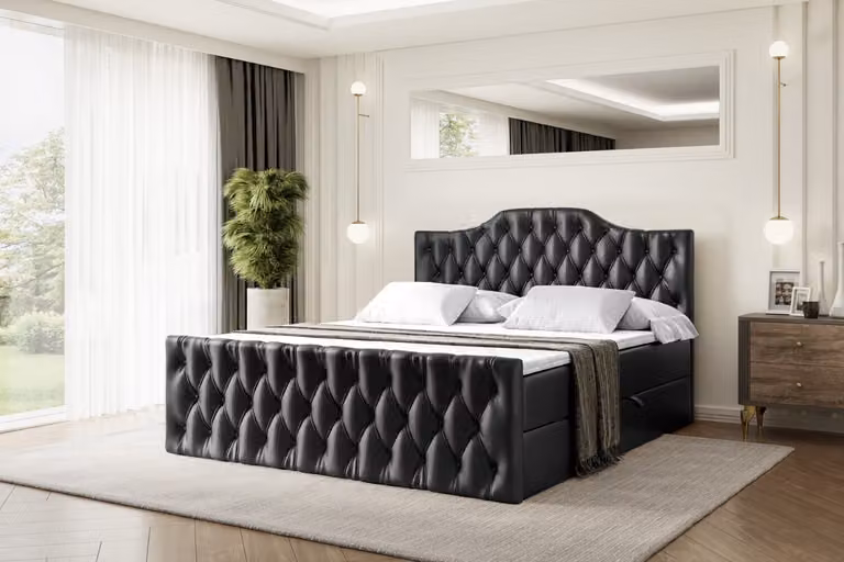 Letto boxspring ALTDECOR con pediera, materasso H3 e topper - 120x200 cm - VILA-1-Z - Pelle finta nera - Letto imbottito con contenitore e rete a doghe, letto con spazio contenitivo