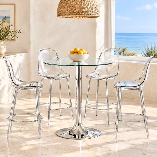 Set tavolo bar moderno MIVRAY con piano rotondo in vetro trasparente e 4 sgabelli in metallo argento e plastica