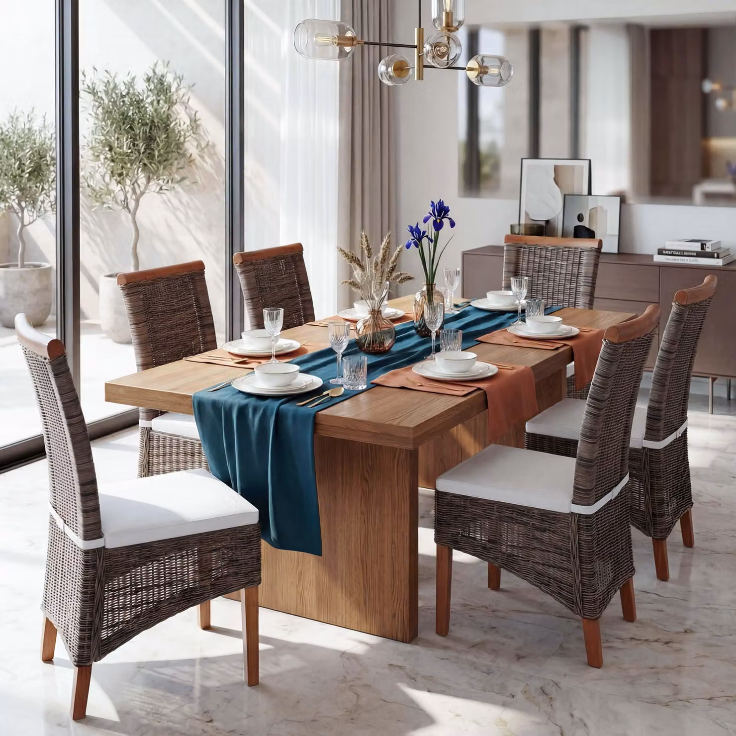set di 6 sedie da sala da pranzo Savona, sedia da cucina, rattan ~ con cuscino di seduta