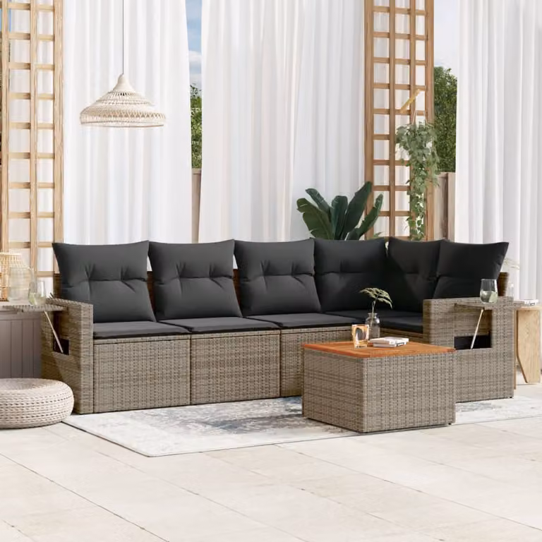 vidaXL Set Divano da Giardino a L in Polyrattan Grigio con Cuscini e Tavolino da Esterno 6 pz