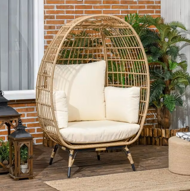 Poltrona da Giardino in Rattan Sintetico con Cuscini, Struttura in Acciaio Khaki 105x90x148 cm