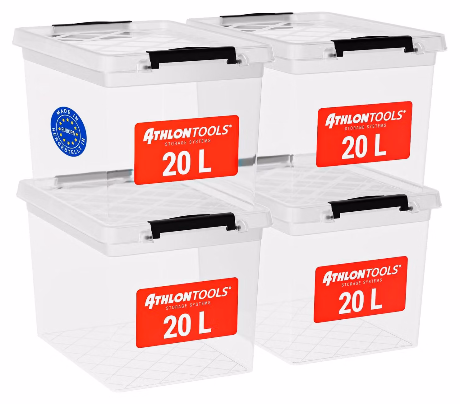 Contenitore per alimenti - Set da 4 - 20 litri - Trasparente con coperchio e clip di chiusura - Sicuro per alimenti