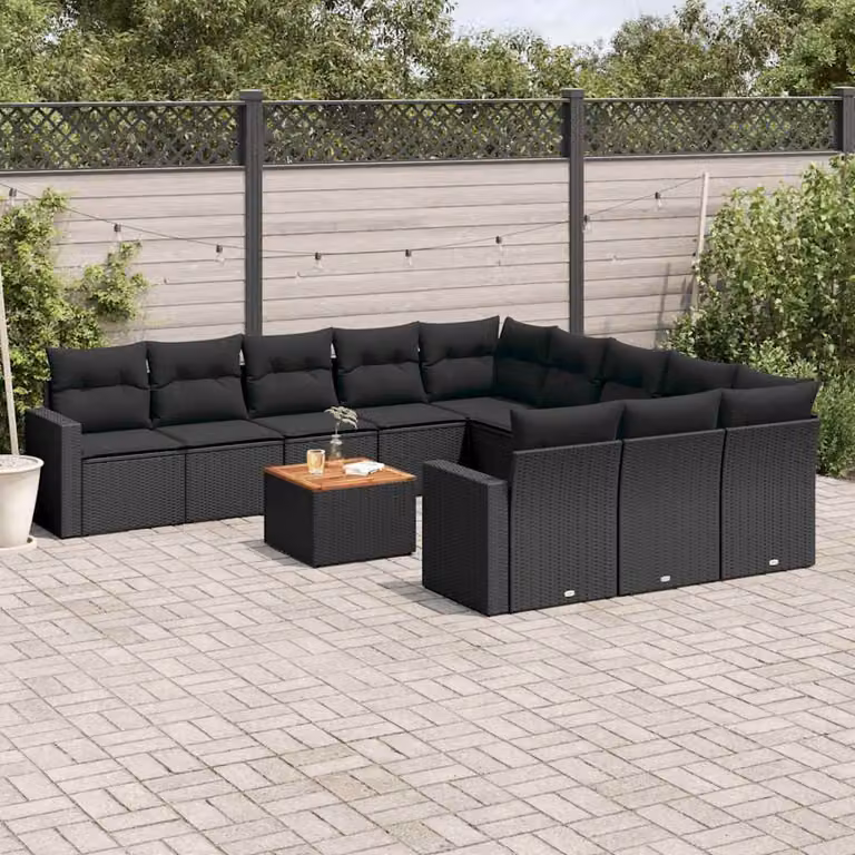 Set di divani da giardino vidaXL in polyrattan nero con cuscini inclusi