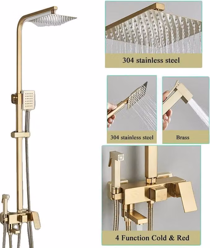 Set rubinetteria doccia, soffione a pioggia, nero/cromo, oro spazzolato