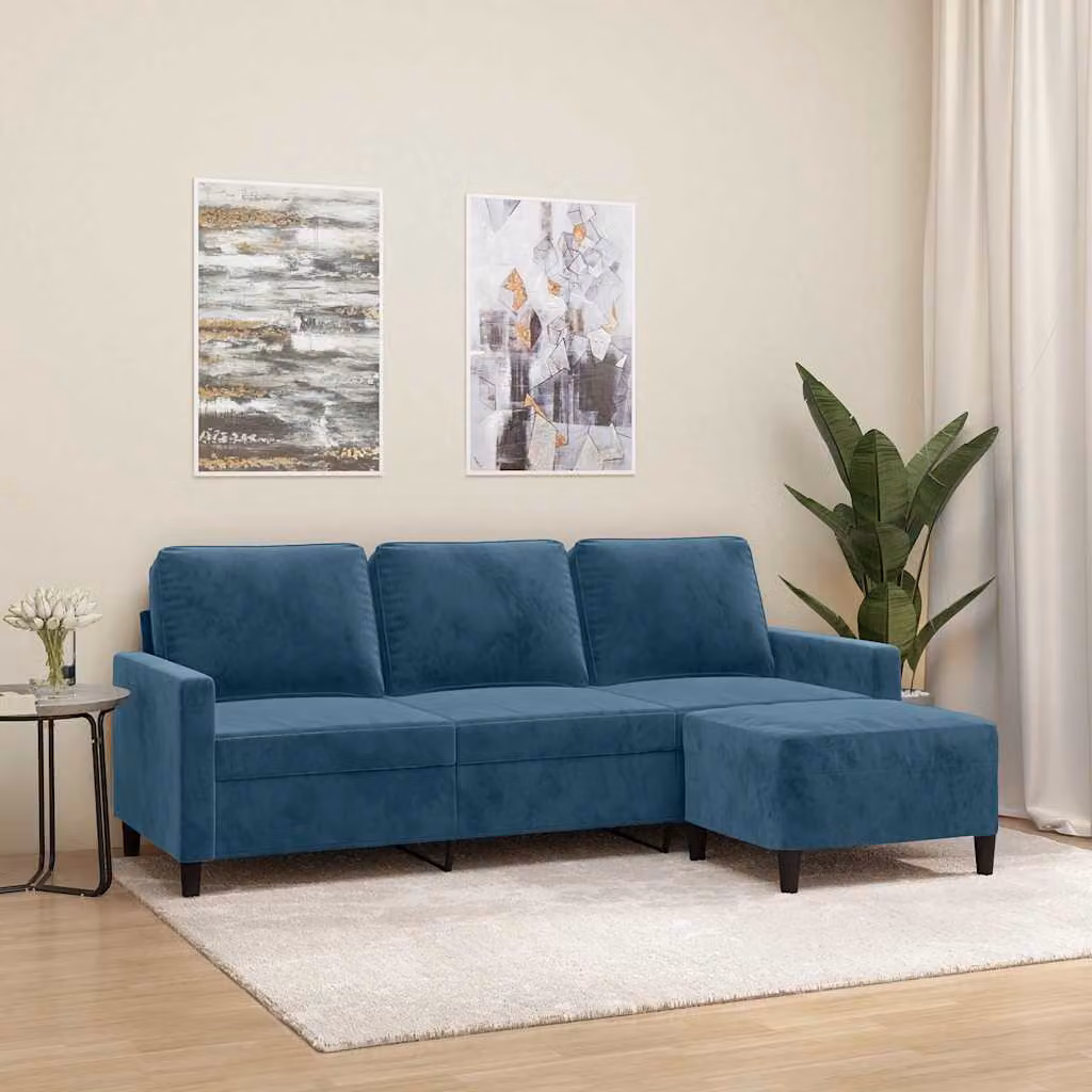 vidaXL Divano a 3 Posti in Velluto Blu con Poggiapiedi Coordinato, Design Moderno e Lineare per il tuo Soggiorno, L: 198 cm, P: 80 cm, H: 77 cm – 1