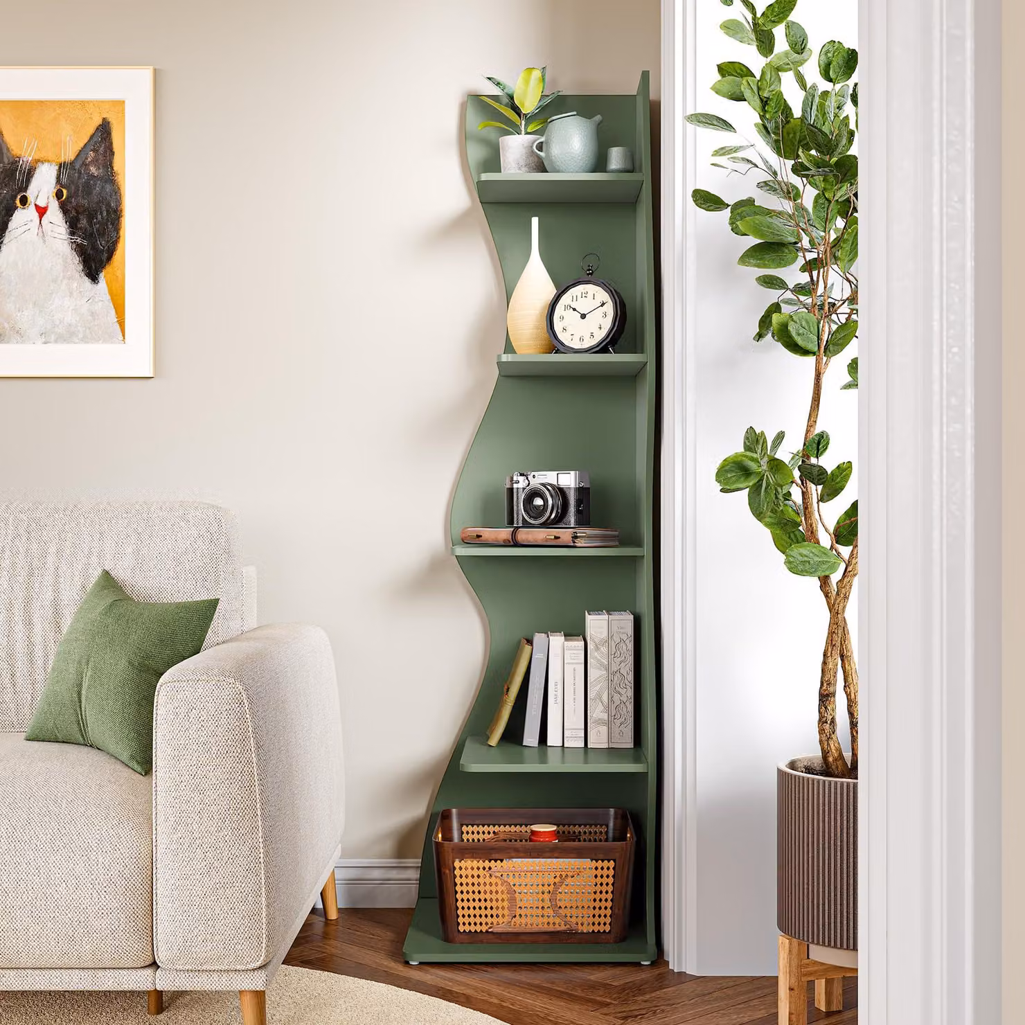 LITTLE TREE: piccola libreria ad angolo, moderna libreria ad angolo a 5 ripiani, elegante libreria per piccoli spazi, soggiorno, camera da letto, verde