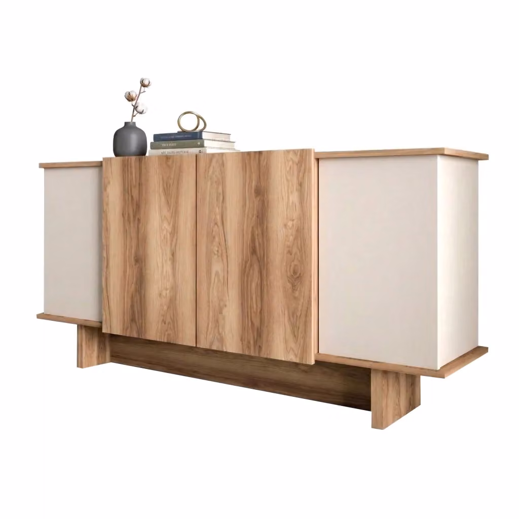Madia Coste DMORA con 3 ripiani in finitura rovere marrone e bianco, design moderno per soggiorno o cucina, L: 180 cm, P: 40 cm, H: 81 cm – 2