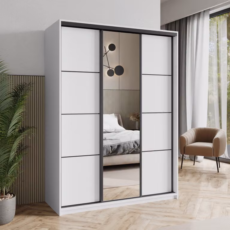 Armadio scorrevole Masseno VARO 150/205/60 cm Armadio con cassetti Armadio per camera da letto a 3 ante con specchio Bianco + Nero