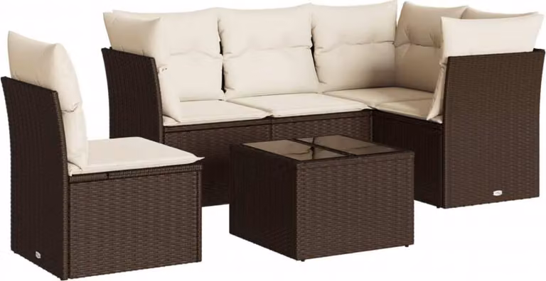 Set Divano da Giardino 6 pz con Cuscini Marrone in Polyrattan