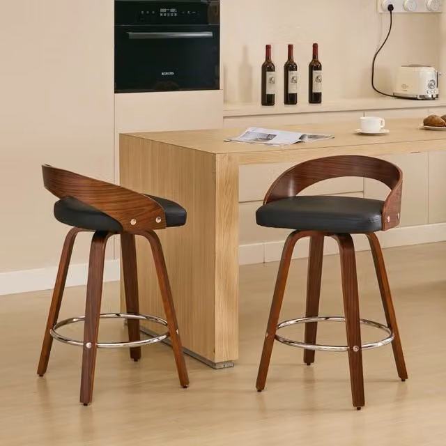 Set di 2 Sgabelli da Bar MINIMAL Girevoli 360 Gradi con Cuscino in Finta Pelle e Struttura in Legno Nero