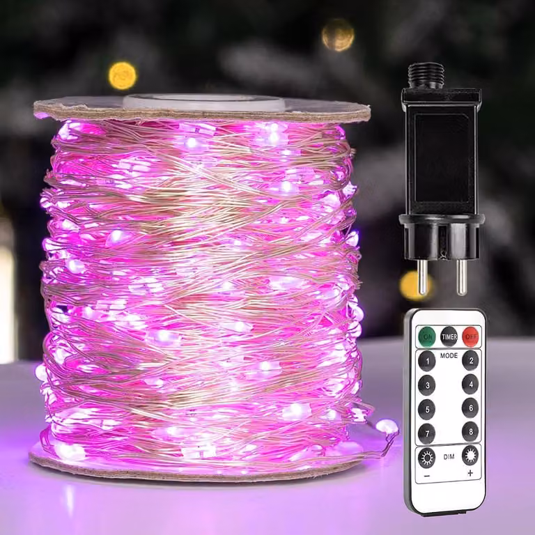 Catena luminosa da 30 metri, con 300 LED, color rosa, dimmerabile, con telecomando
