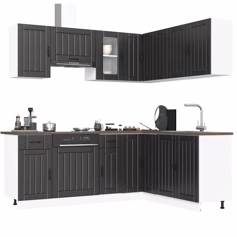 Set di mobili da cucina moderno vidaXL Lucca composto da 11 pezzi in legno multistrato e vetro, colore nero e multicolore