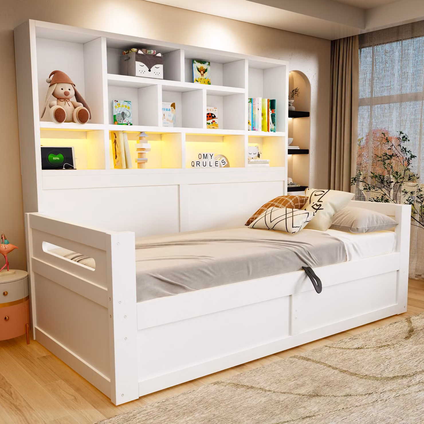 Divano letto imbottito in legno okwish, 90x200 cm, con spazio contenitore idraulico e illuminazione LED. Letto per bambini con prese di corrente e spazio contenitore. Letto singolo bianco, senza materasso