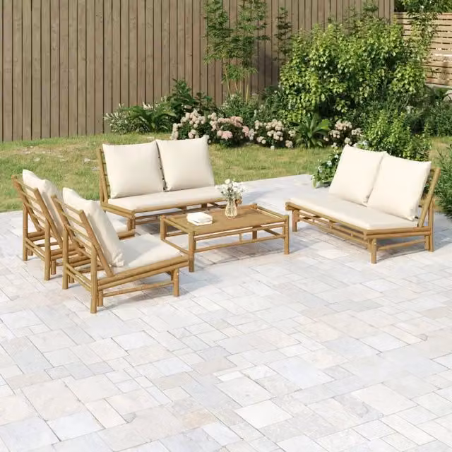 Set Salotto da Giardino vidaXL in Bambù con Cuscini Bianco e Beige – 1