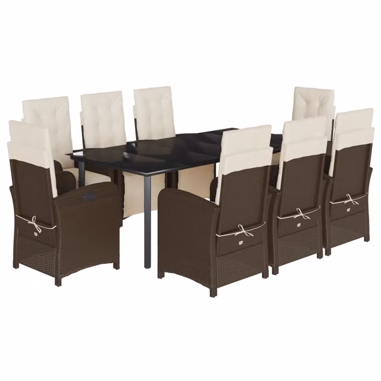 Set da Pranzo da Giardino 9pz con Cuscini Marrone in Polyrattan