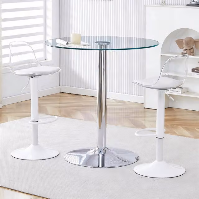 Set tavolo da bar con 2 sgabelli diametro 89 cm; regolabili e girevoli in vetro; metallo e plastica trasparente argento e bianco